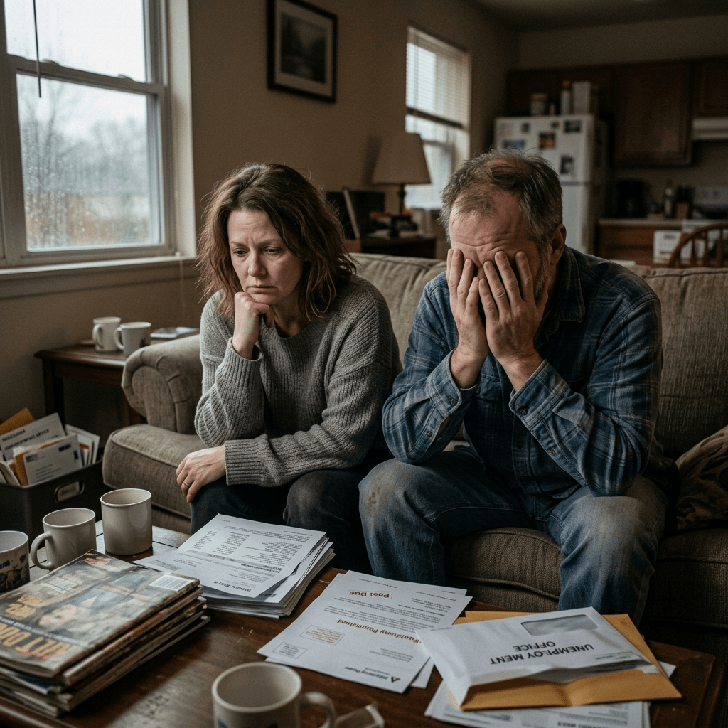 A couple sitting on a couch looking stressed while reviewing bills and paperwork