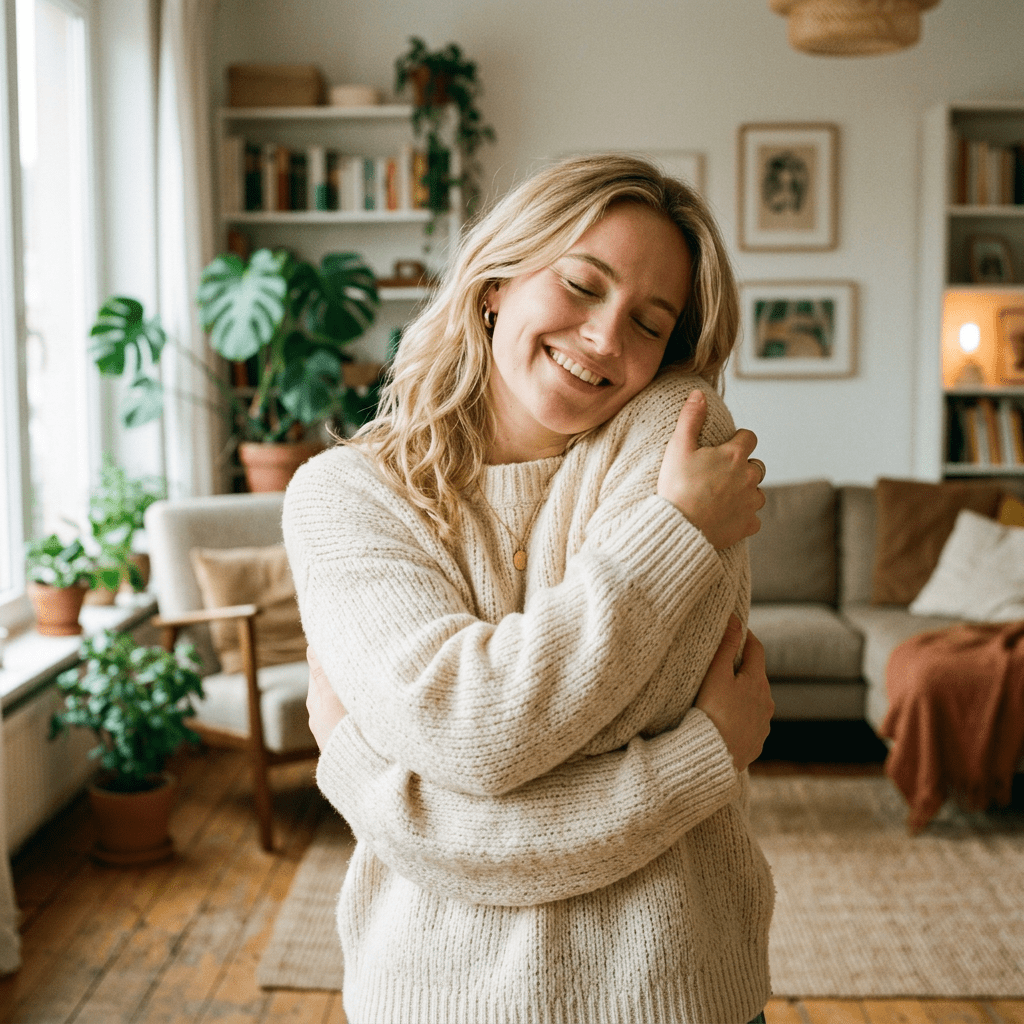 Smiling woman hugging herself in cozy sweater in living room