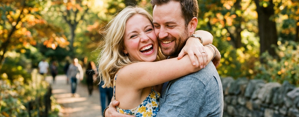 Couple embracing and laughing on a sunny park path with autumn trees