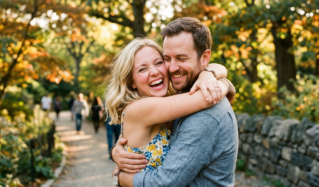 Couple embracing and laughing on a sunny park path with autumn trees