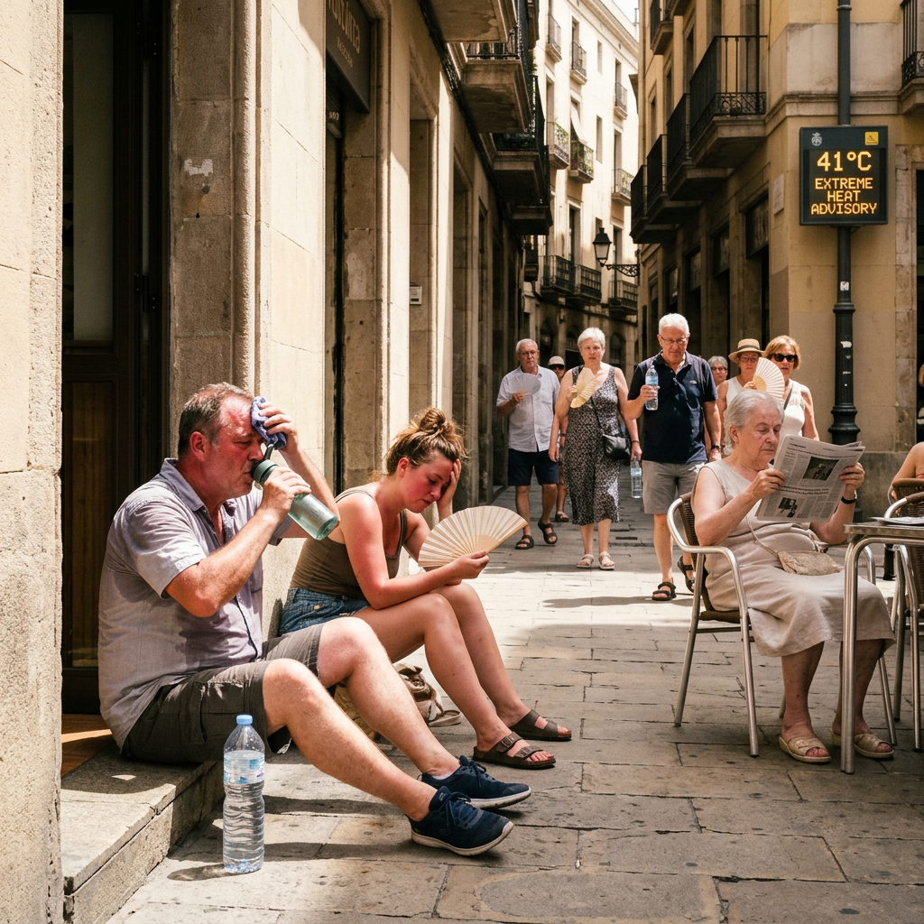 People resting and walking on a city street during extreme heat advisory