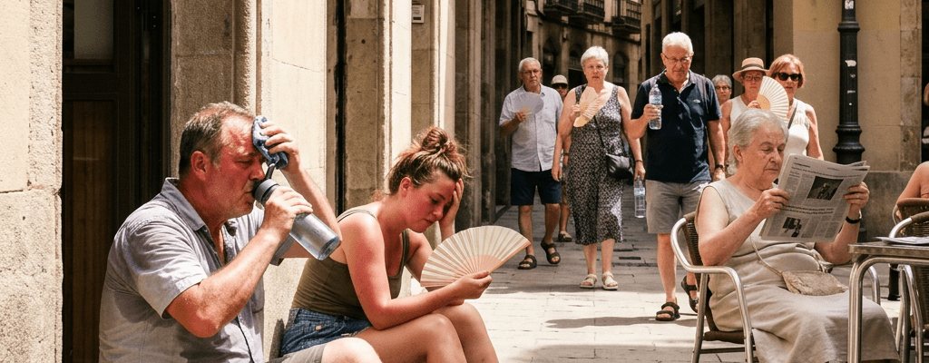 People resting and walking on a city street during extreme heat advisory