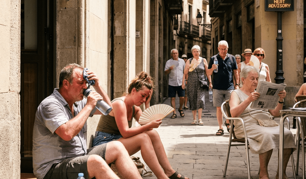People resting and walking on a city street during extreme heat advisory