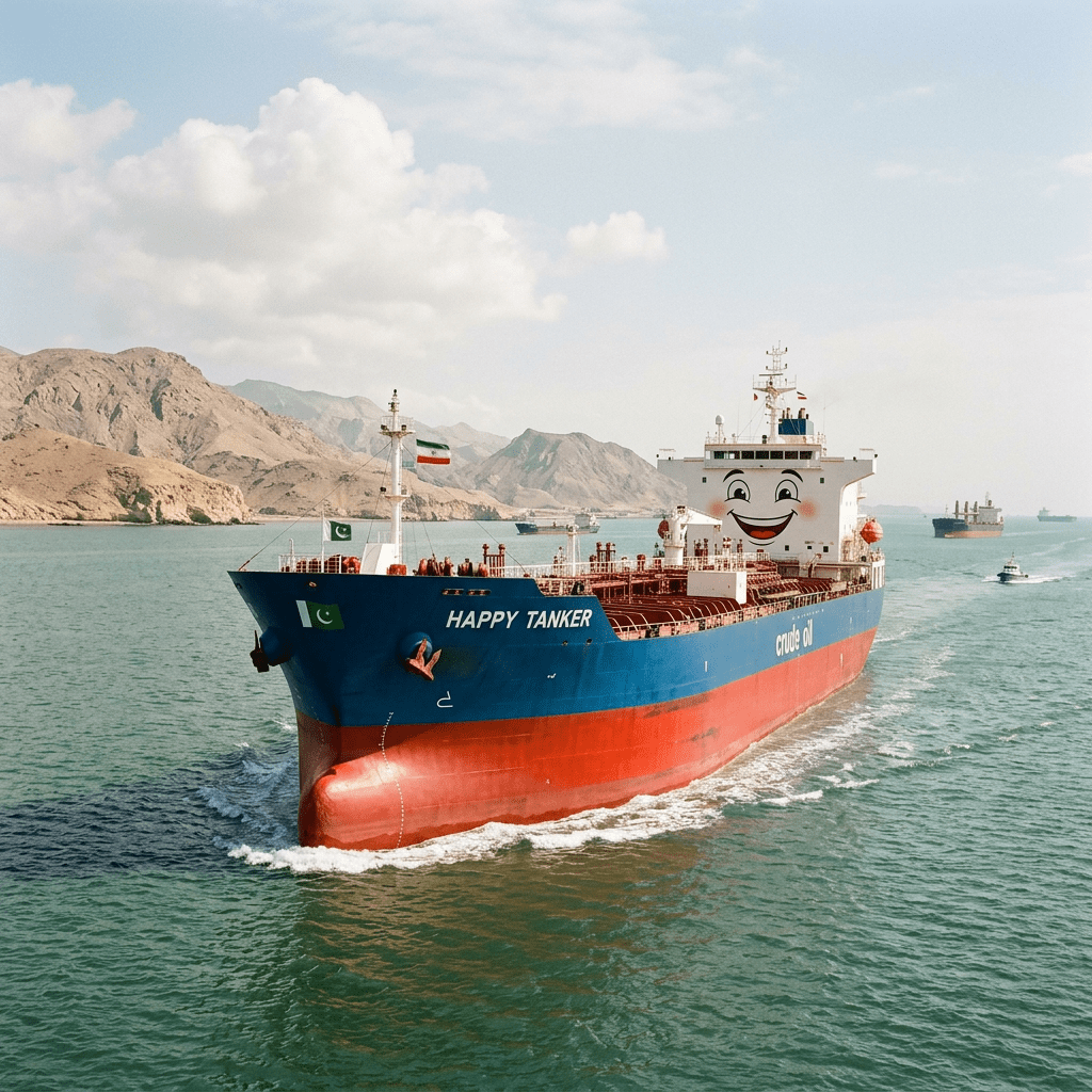 Blue and red crude oil tanker named Happy Tanker with smiling face on superstructure sailing in calm sea near mountains