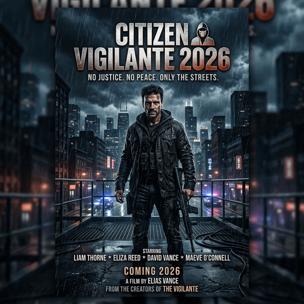 Armed vigilante standing on rooftop in rainy cityscape with film title Citizen Vigilante 2026