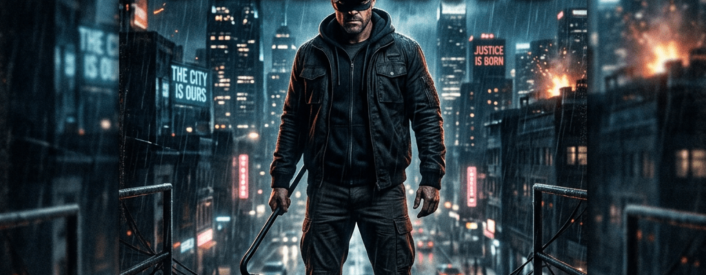 Man in dark clothing holding a crowbar standing on a rooftop at night in a rainy city with bright city lights and burning buildings