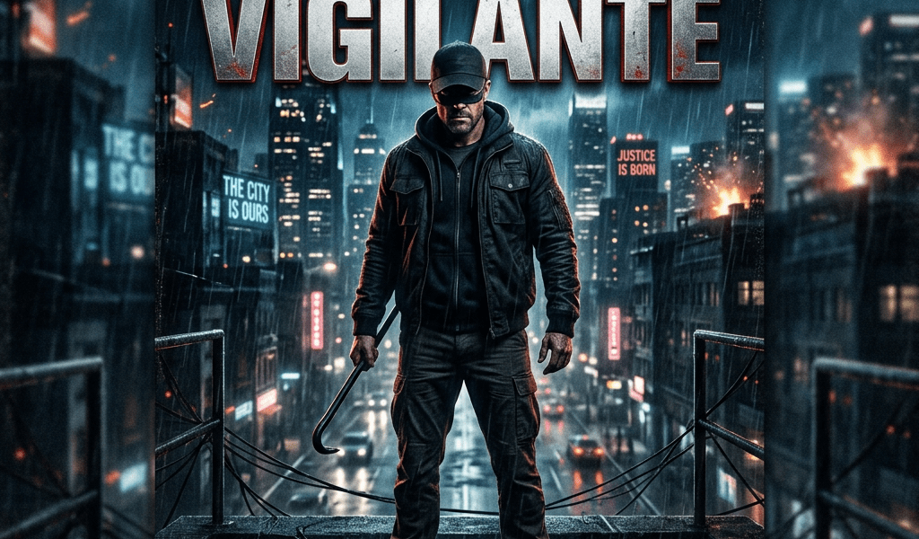 Man in dark clothing holding a crowbar standing on a rooftop at night in a rainy city with bright city lights and burning buildings