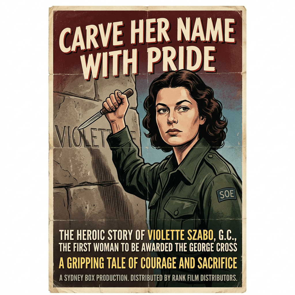 Woman carving the name Violette into a stone wall, wearing SOE uniform