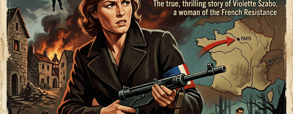 Woman holding a gun with parachuting soldier, burning buildings, map of France with Paris marked, and soldiers running