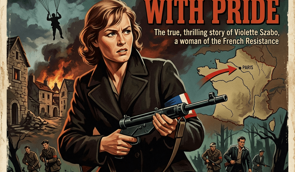 Woman holding a gun with parachuting soldier, burning buildings, map of France with Paris marked, and soldiers running