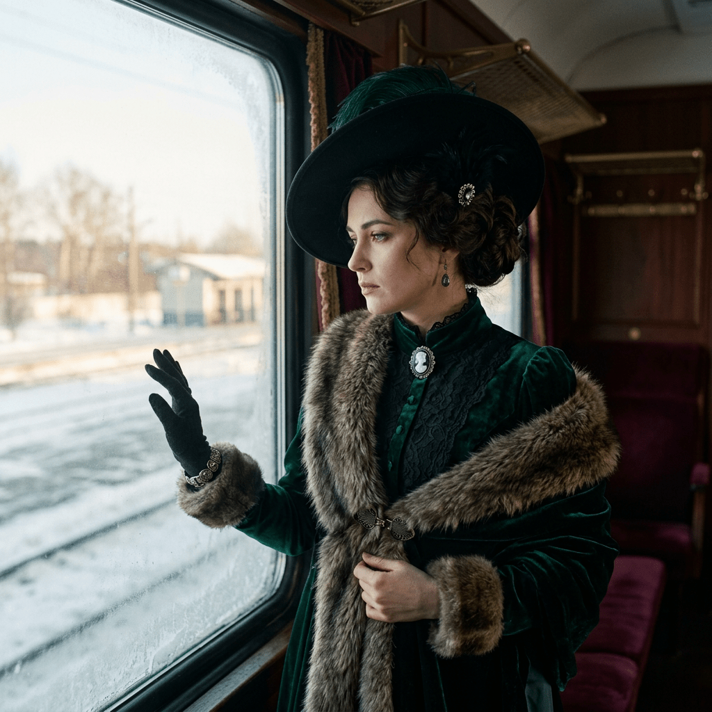 Woman in vintage green dress and fur coat looking out snowy train window