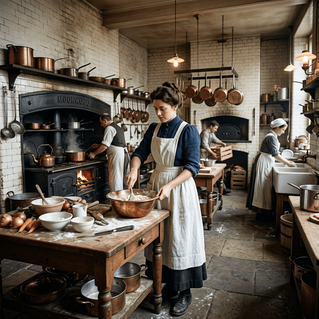 Woman stirring mixture in large bowl in early 20th-century kitchen with copper pots and other workers