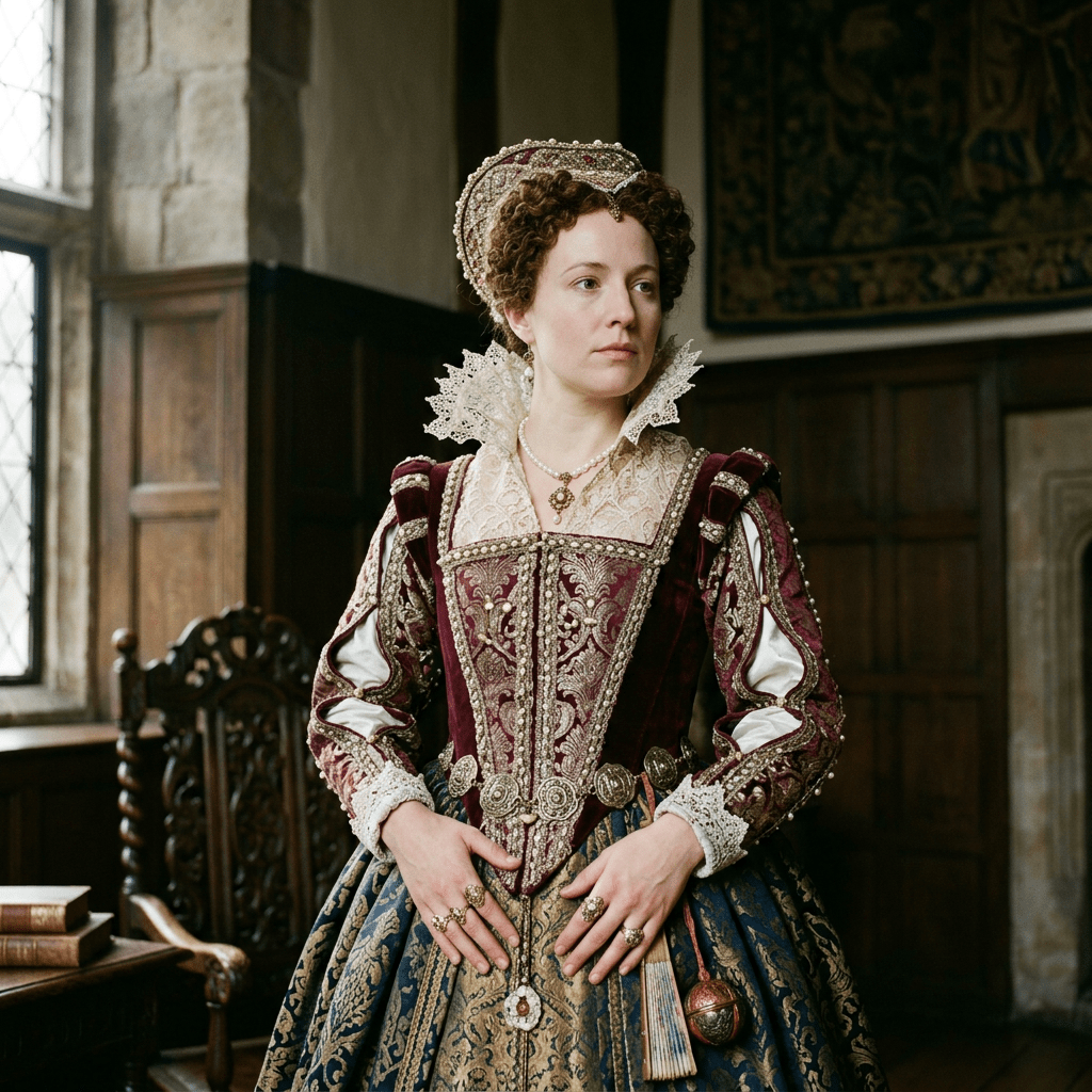 Woman in richly decorated Elizabethan gown with lace collar and jeweled accessories