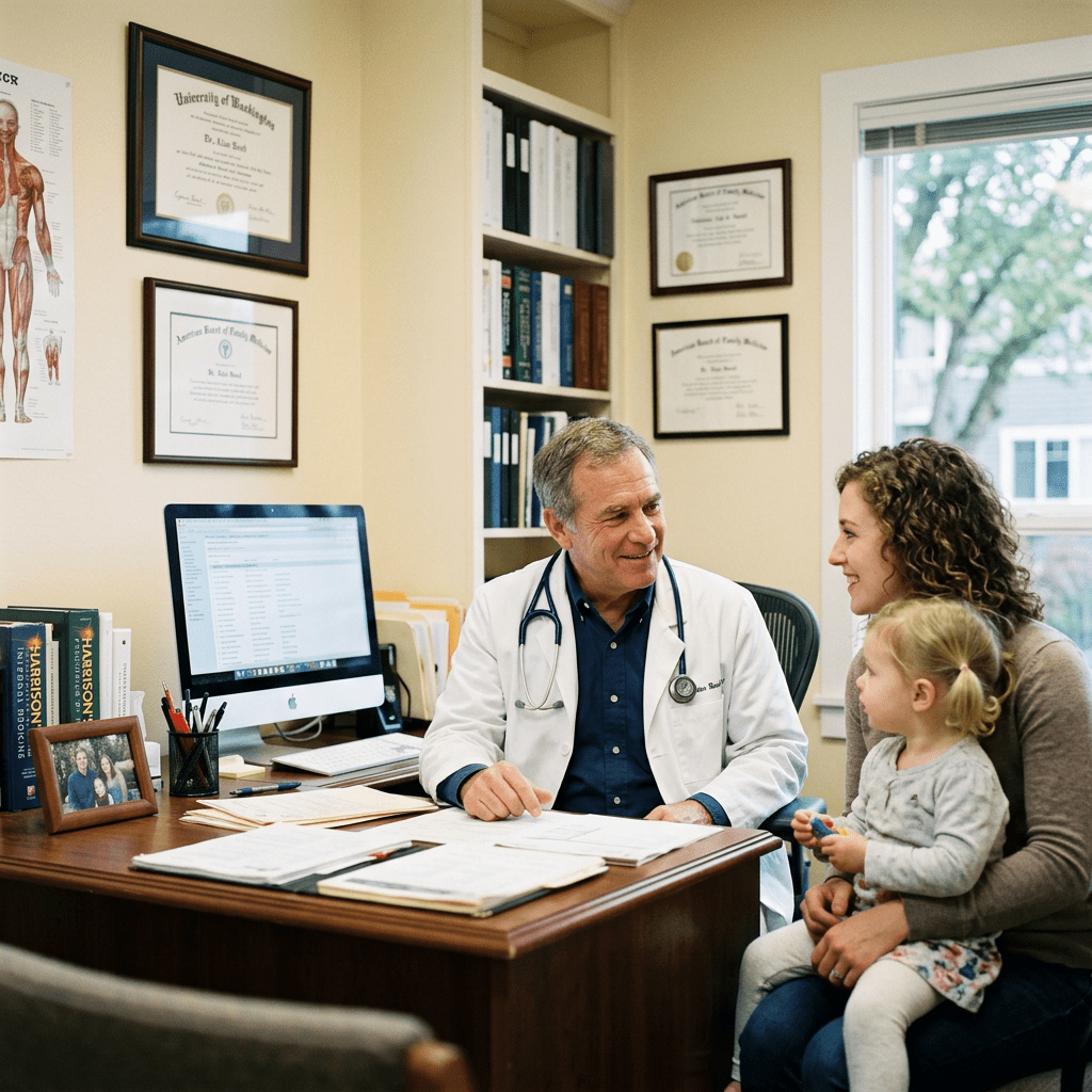 Doctor talking to a mother and her child in a medical office