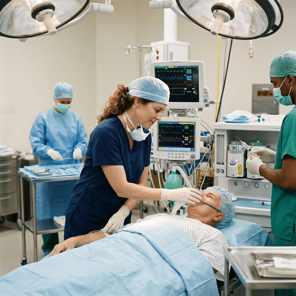 Medical professionals preparing a patient for surgery in an operating room.