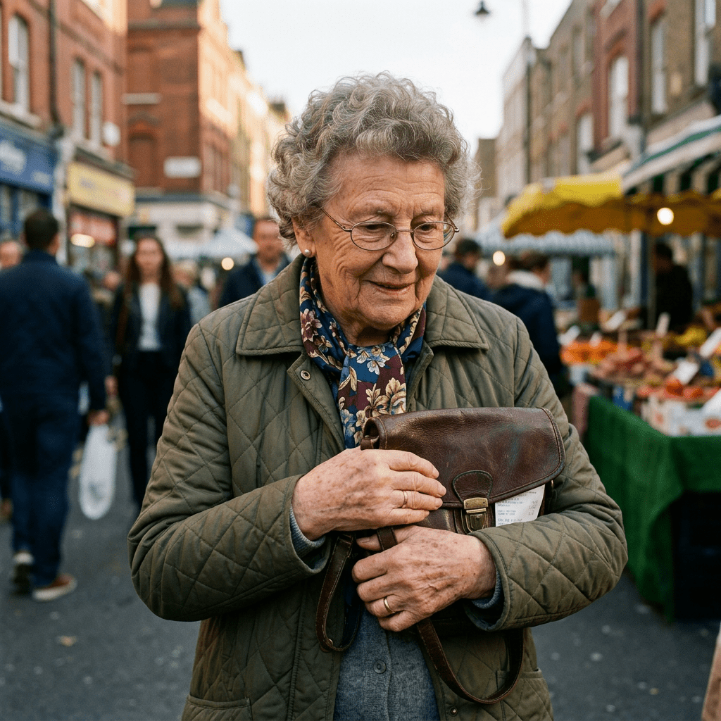 Older woman in green jacket holding brown leather bag at outdoor market