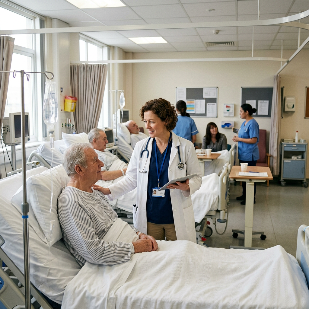 Doctor speaking with elderly male patient in hospital bed