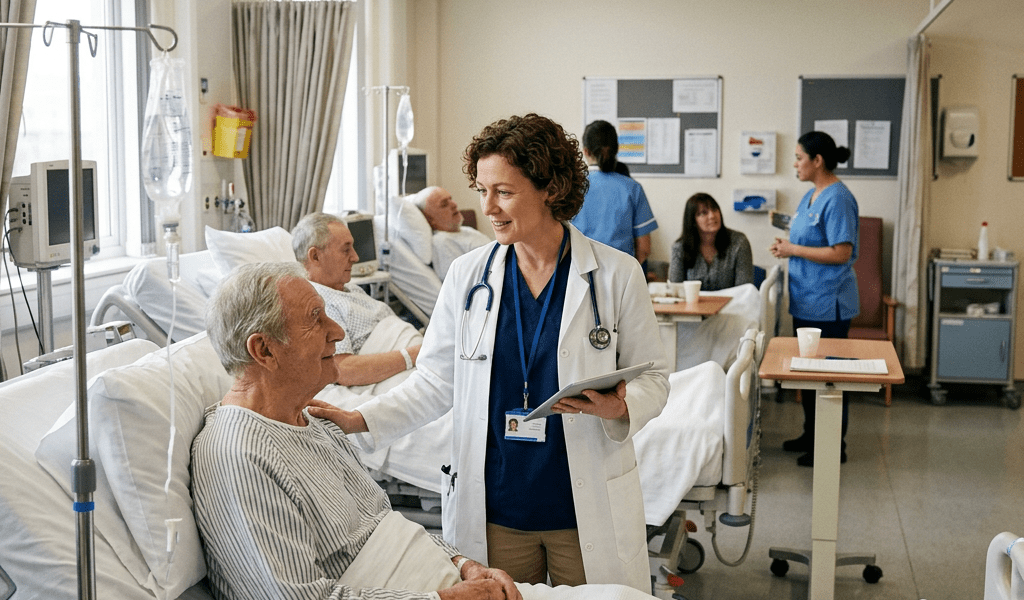 Doctor speaking with elderly male patient in hospital bed