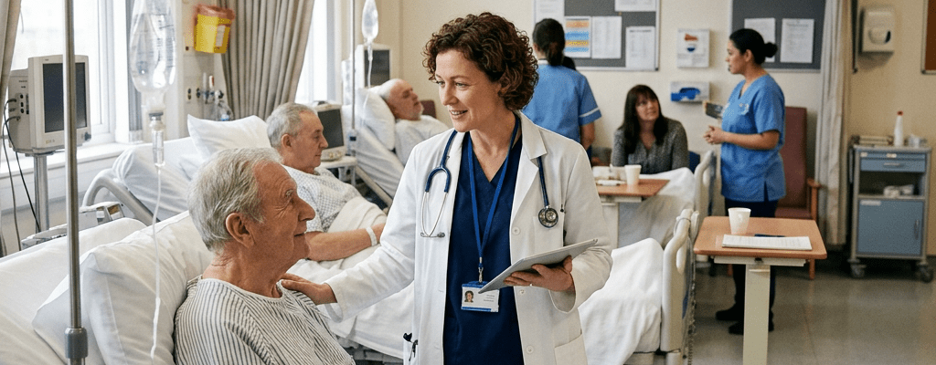 Doctor speaking with elderly male patient in hospital bed