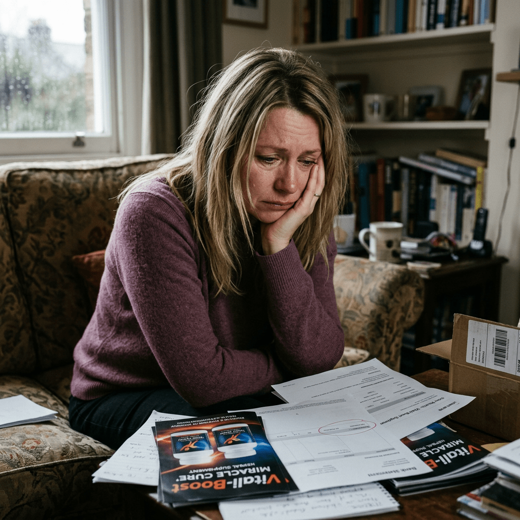 Worried woman sitting on a couch reviewing bills and documents on a table