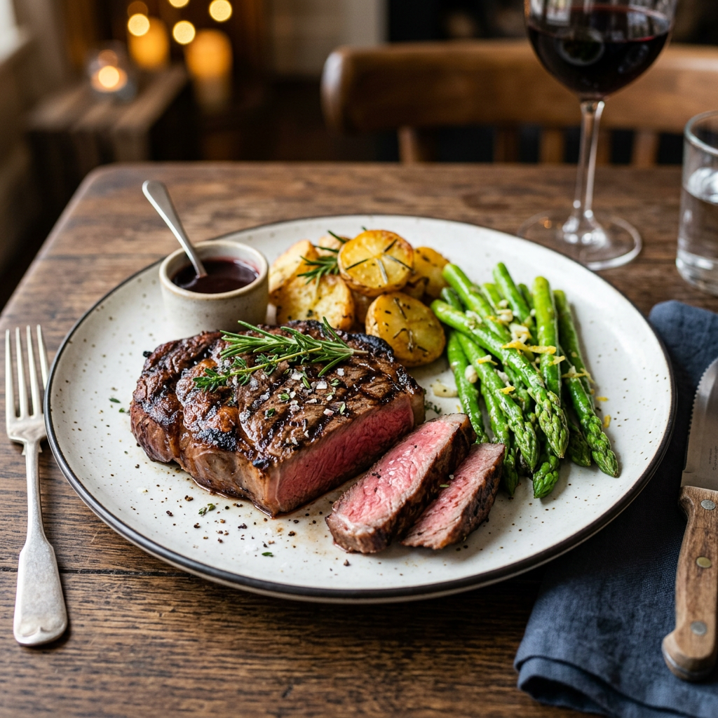 Grilled steak with roasted potatoes, asparagus, and sauce on plate