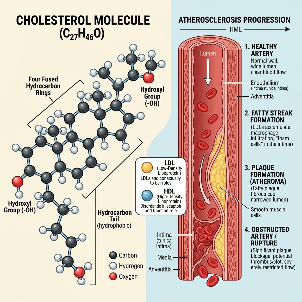 Cholesterol molecule structure with four fused rings and hydrocarbon tail alongside stages of atherosclerosis including healthy artery, fatty streak, plaque formation, and artery obstruction.