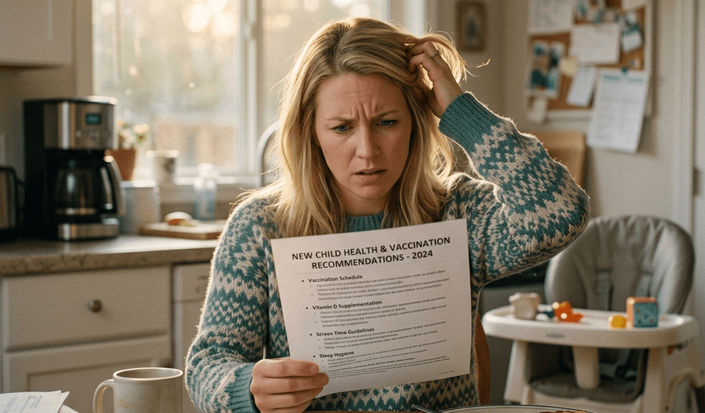 Woman reading child health and vaccination schedule with worried expression