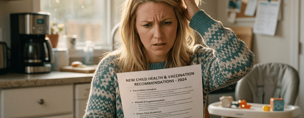 Woman reading child health and vaccination schedule with worried expression