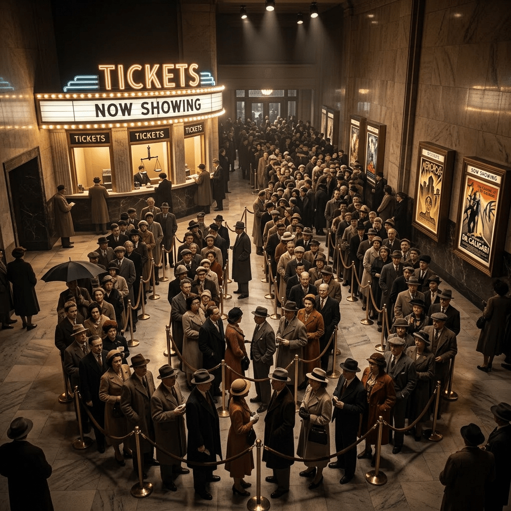 Long line of people dressed in vintage clothing waiting at a cinema ticket counter