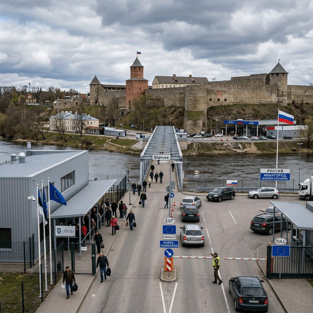 Border crossing between Estonia and Russia with people walking and cars waiting near the bridge