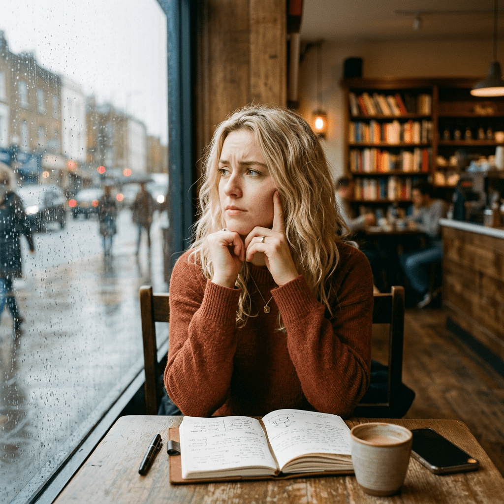 Woman with blonde hair in a brown sweater looking out rainy window in a cafe with notebook, coffee cup, and phone on table