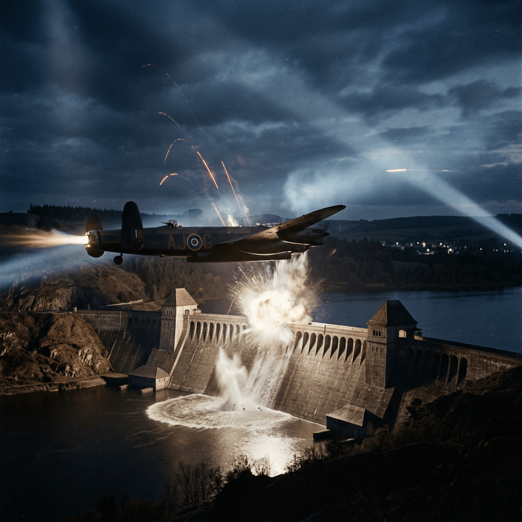 WWII bomber aircraft bombing a dam at night with explosions and searchlights