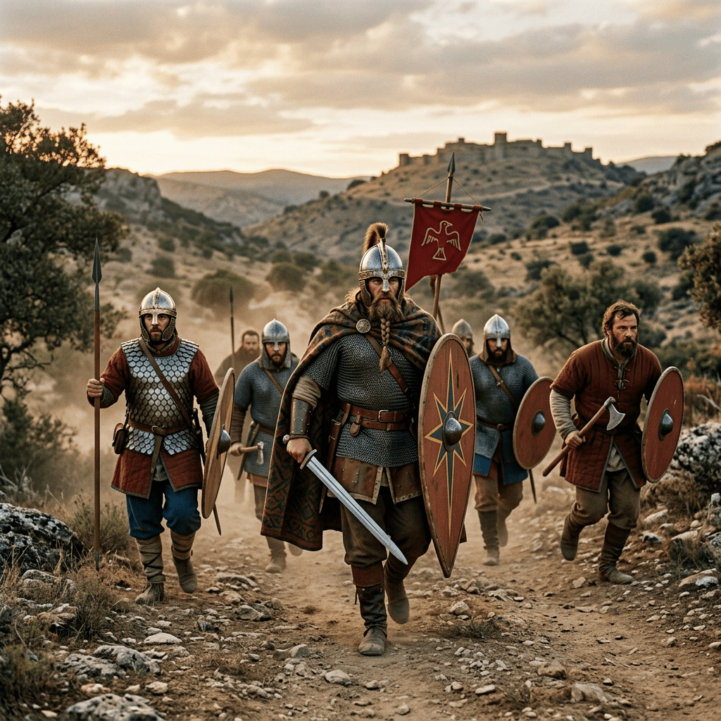 Medieval soldiers with helmets, chainmail, shields, and weapons walking on a rugged path with a fortress on a hill in the background