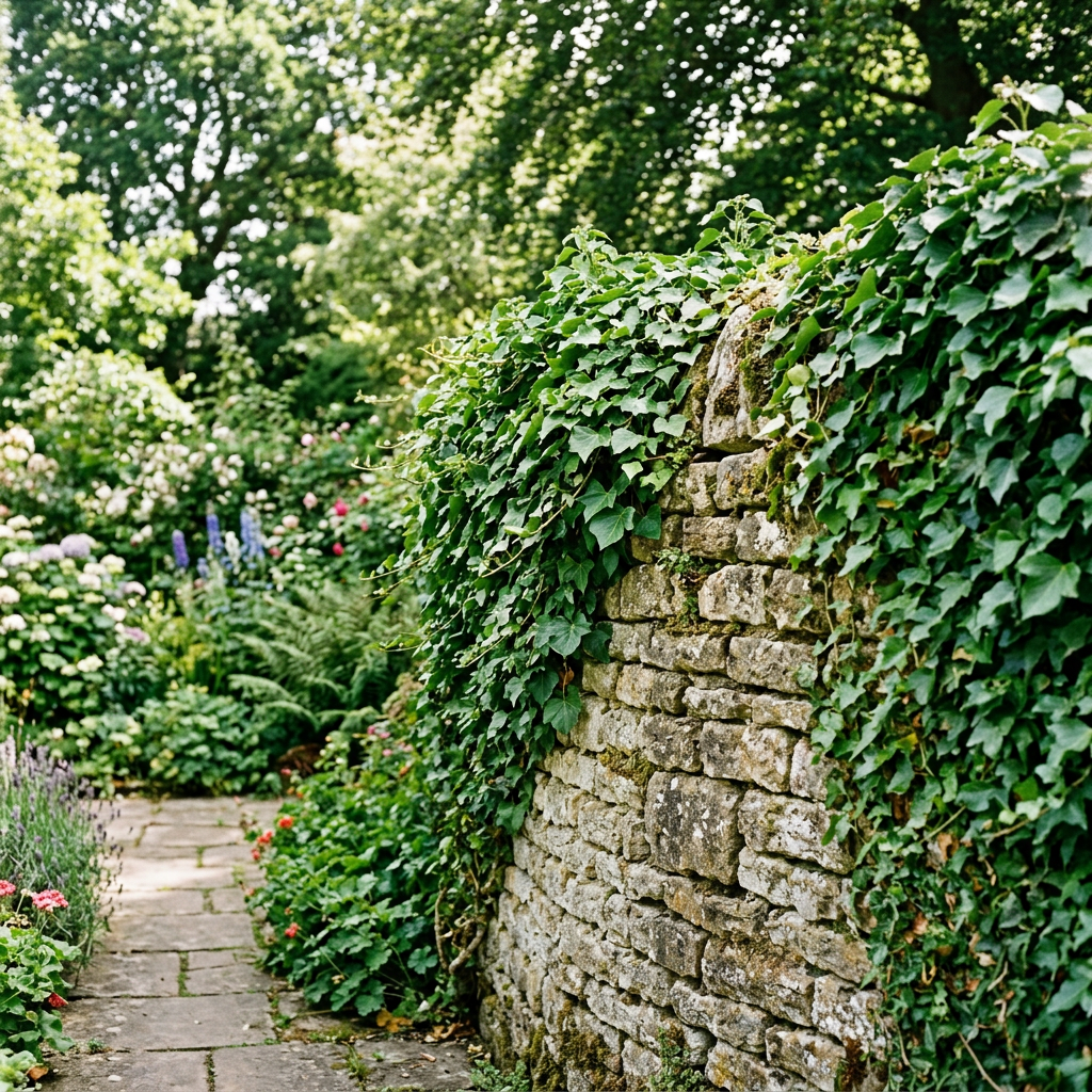 Stone wall covered in green ivy next to a garden path lined with flowers and plants