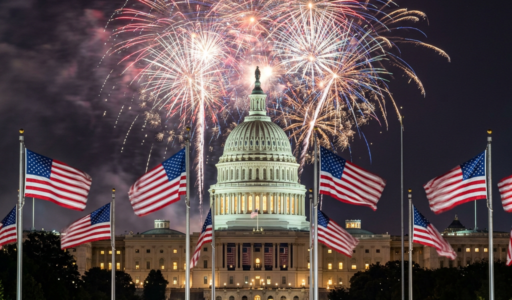 Fireworks display above the illuminated US Capitol building with multiple American flags and crowd at night
