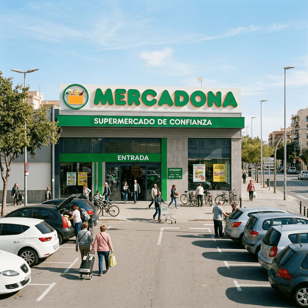 Mercadona supermarket entrance with customers, parked cars, and bicycles