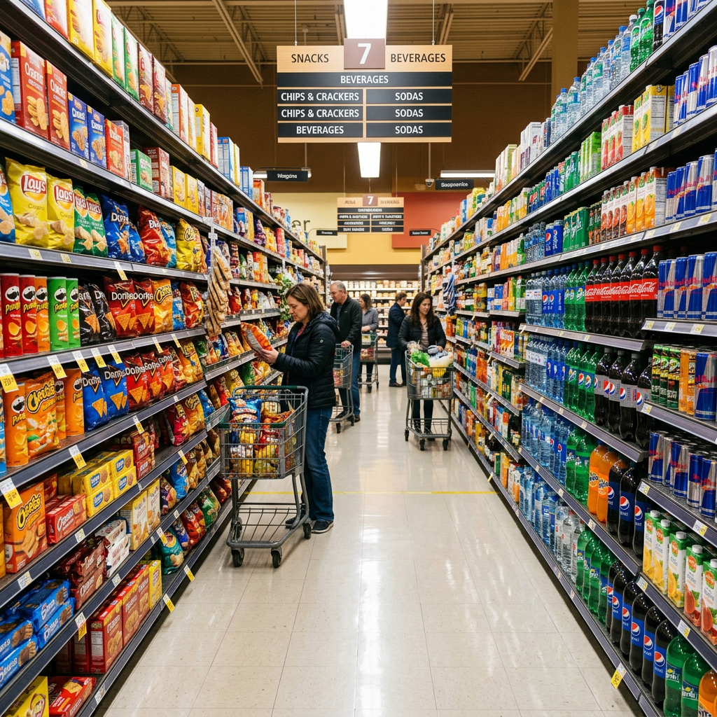 Grocery aisle with shelves of snacks on the left and beverages on the right with shoppers and carts