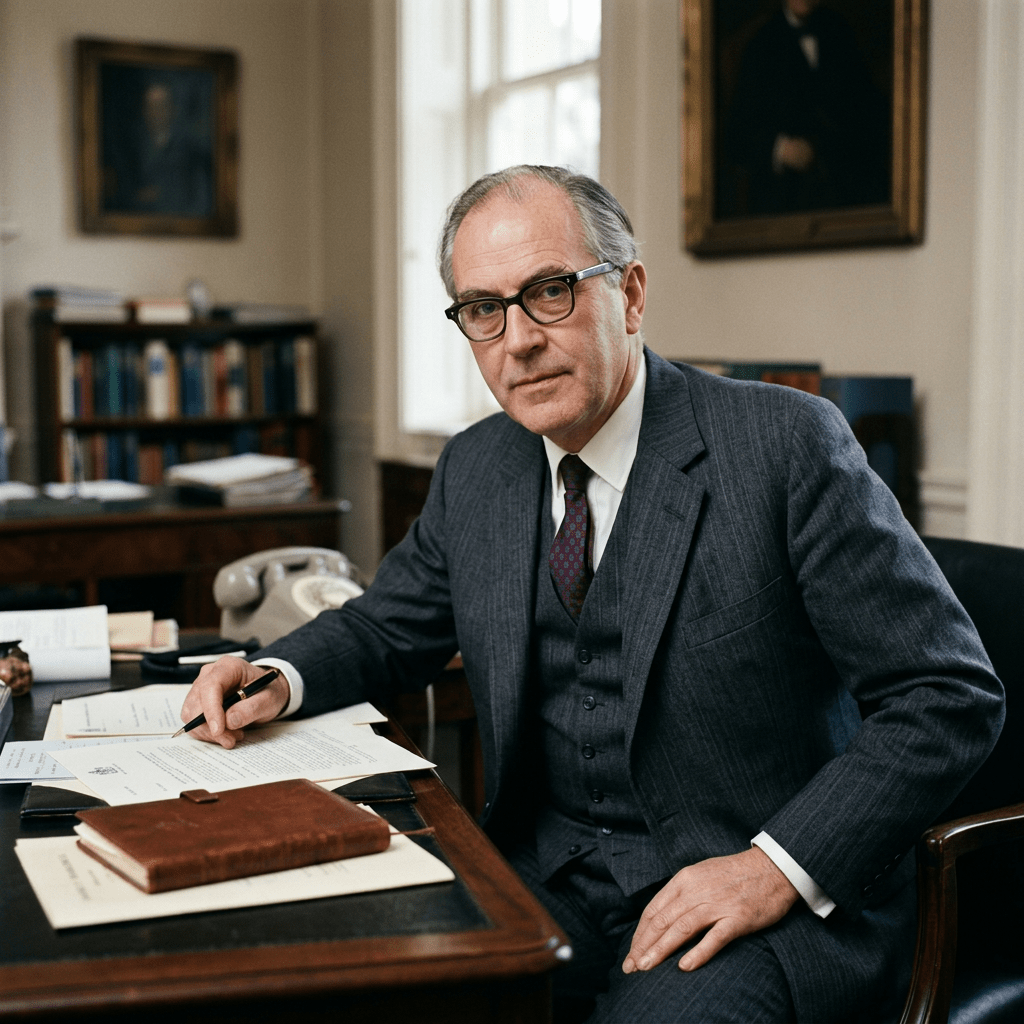 Middle-aged man in a grey suit sitting at a desk with documents and a leather-bound book