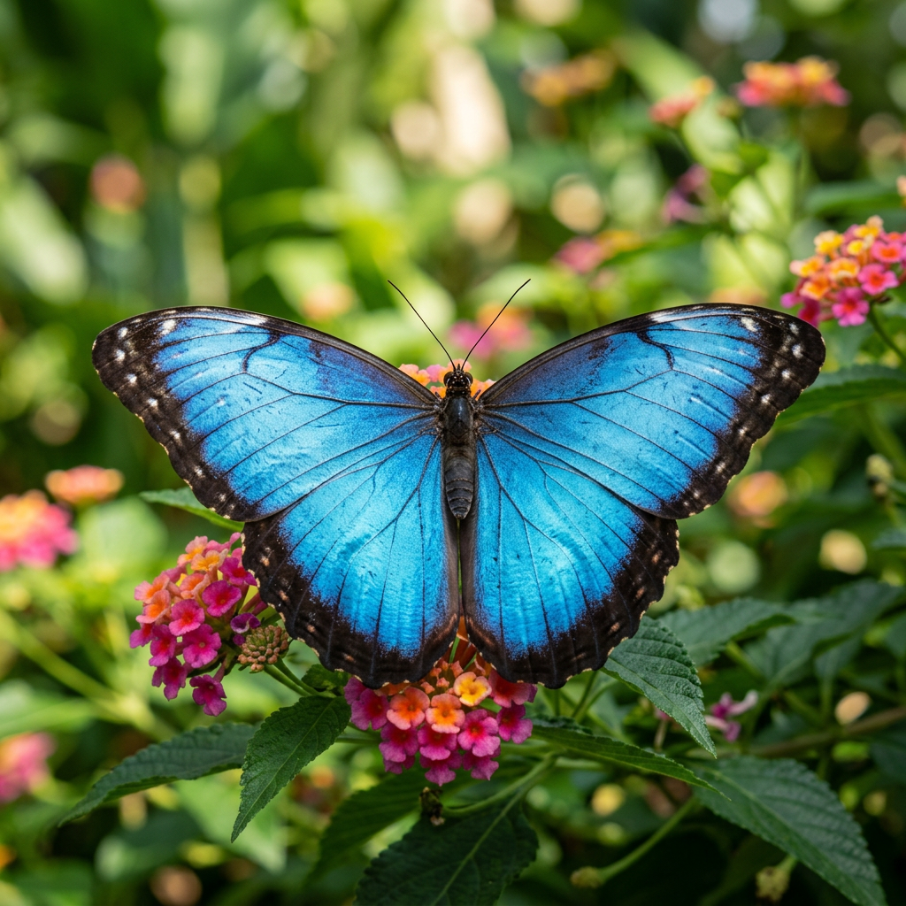 Blue morpho butterfly with open wings on pink and orange flowers