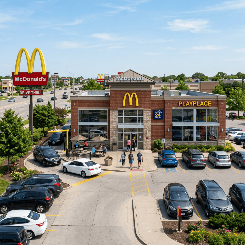 McDonald's restaurant featuring playplace, outdoor seating, parked cars, and drive-thru