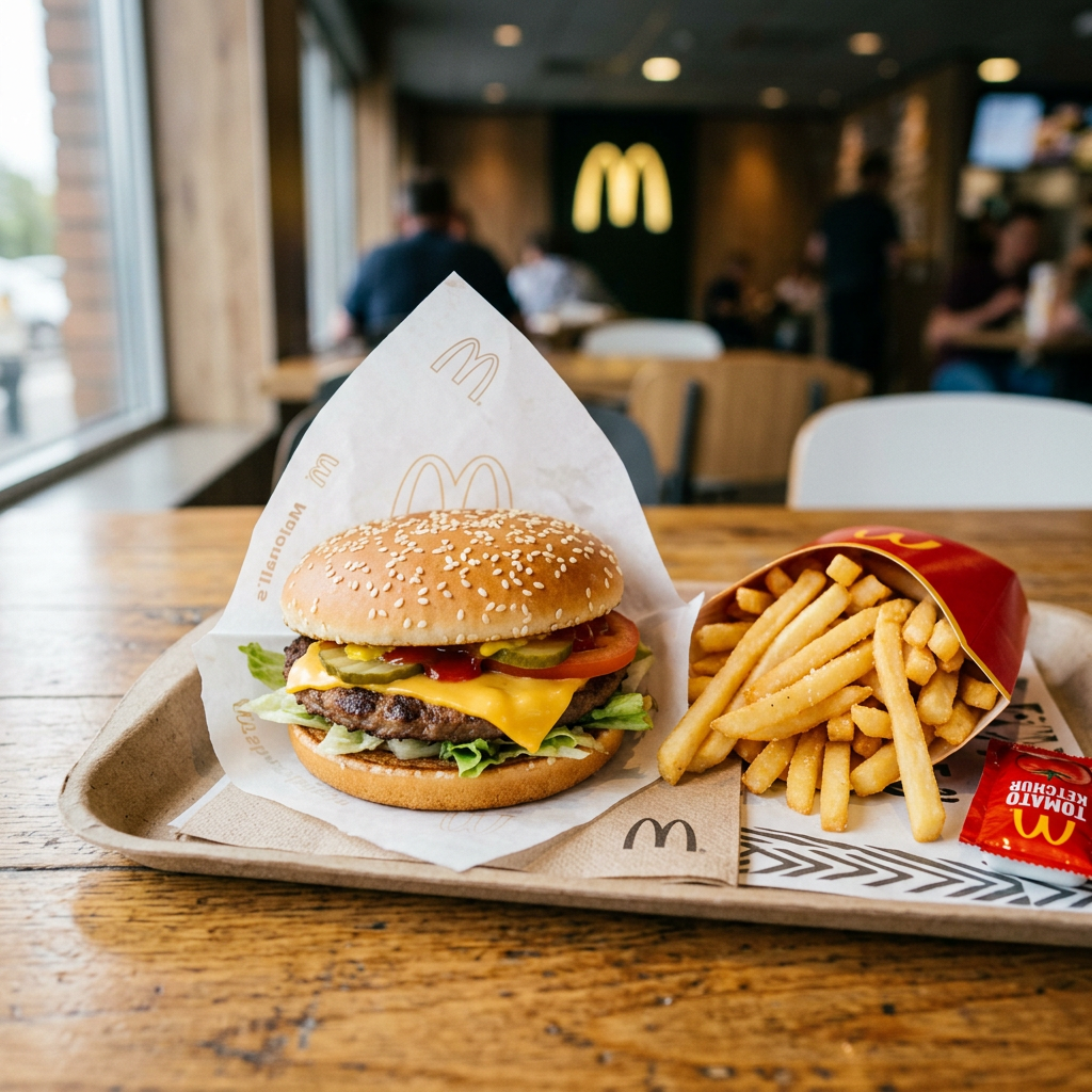 Cheeseburger with lettuce, tomato, pickles, cheese, and fries on a tray with ketchup at McDonald's