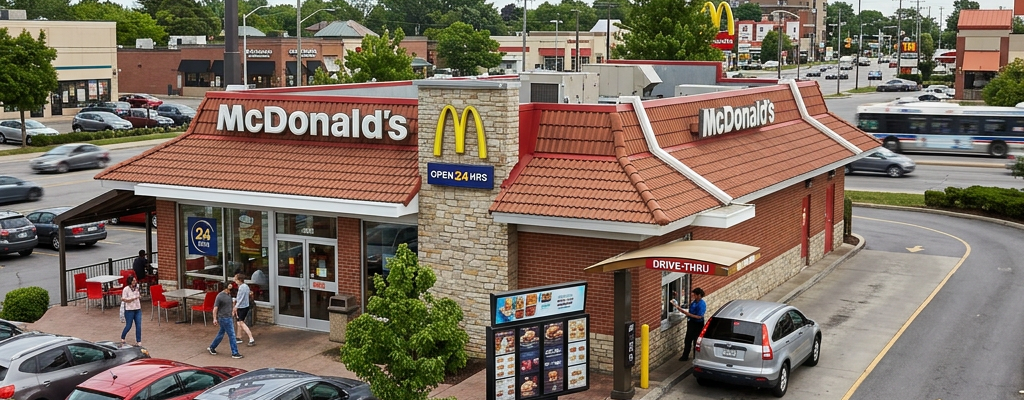 McDonald's restaurant with cars in the drive-thru lane and people walking near the entrance
