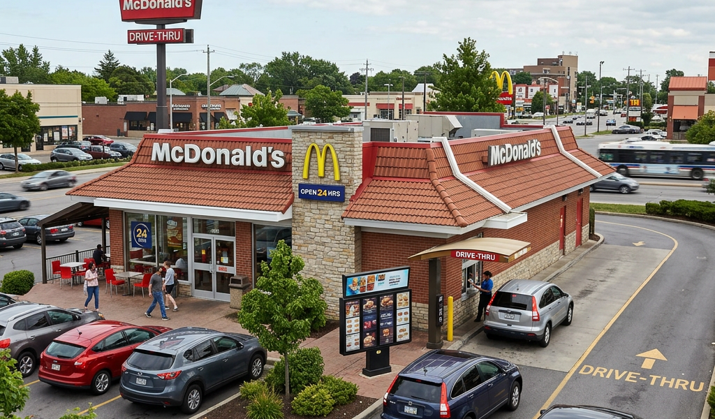 McDonald's restaurant with cars in the drive-thru lane and people walking near the entrance