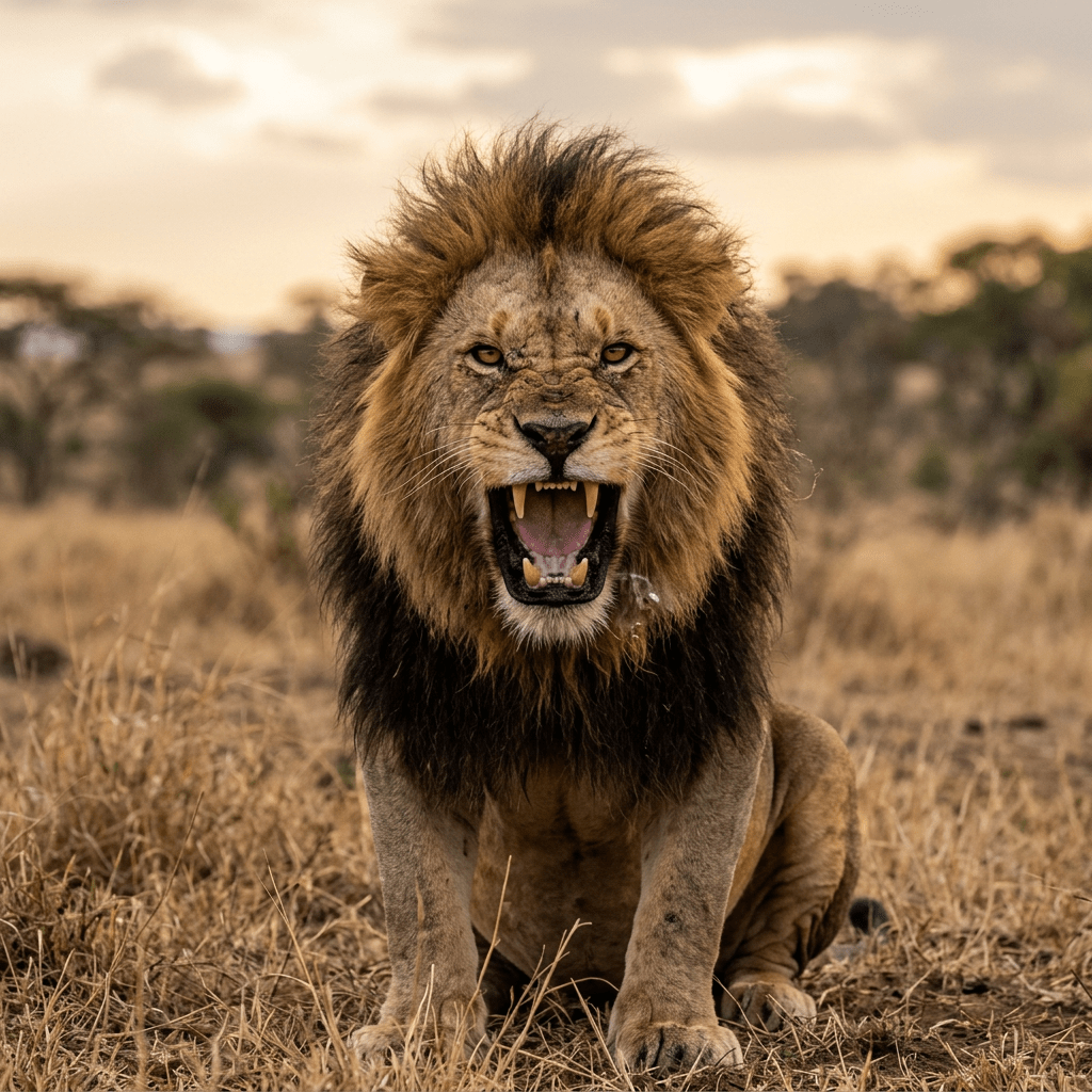 Male lion roaring in dry grass savanna with mane
