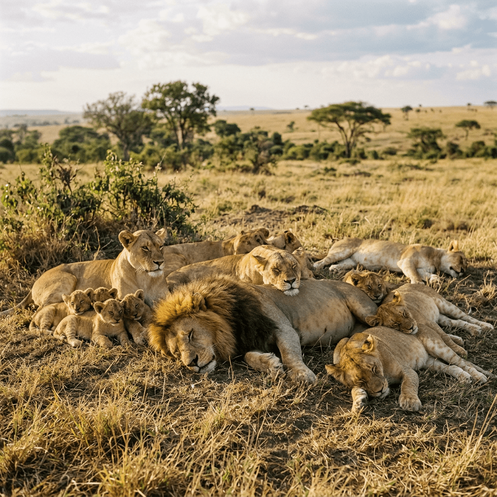 A pride of lions resting together on dry grass in the savannah