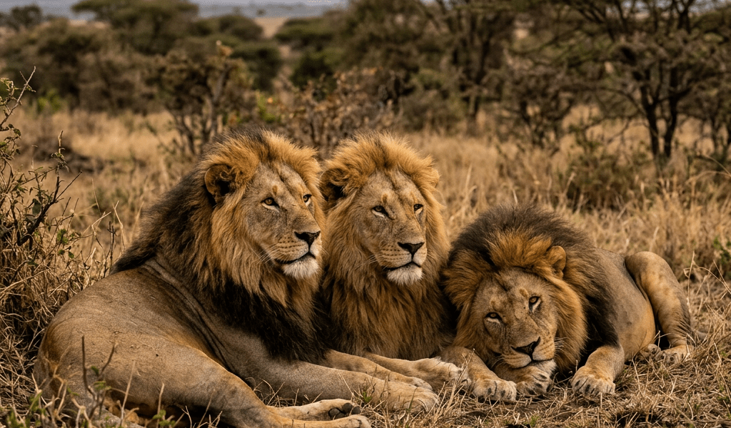 Three male lions lying on dry grass in an African savanna