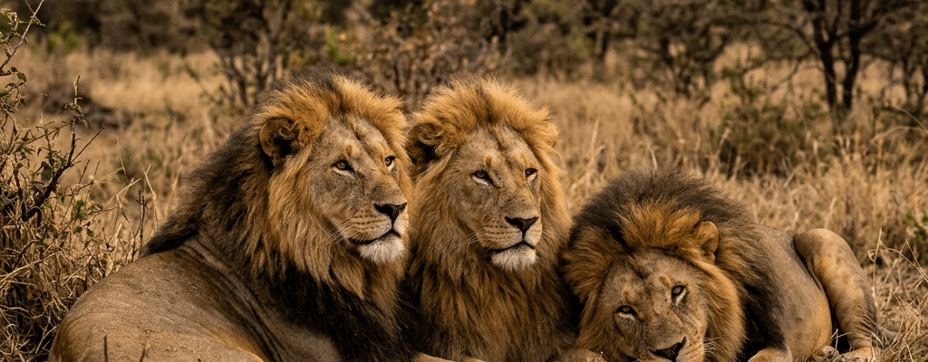 Three male lions lying on dry grass in an African savanna