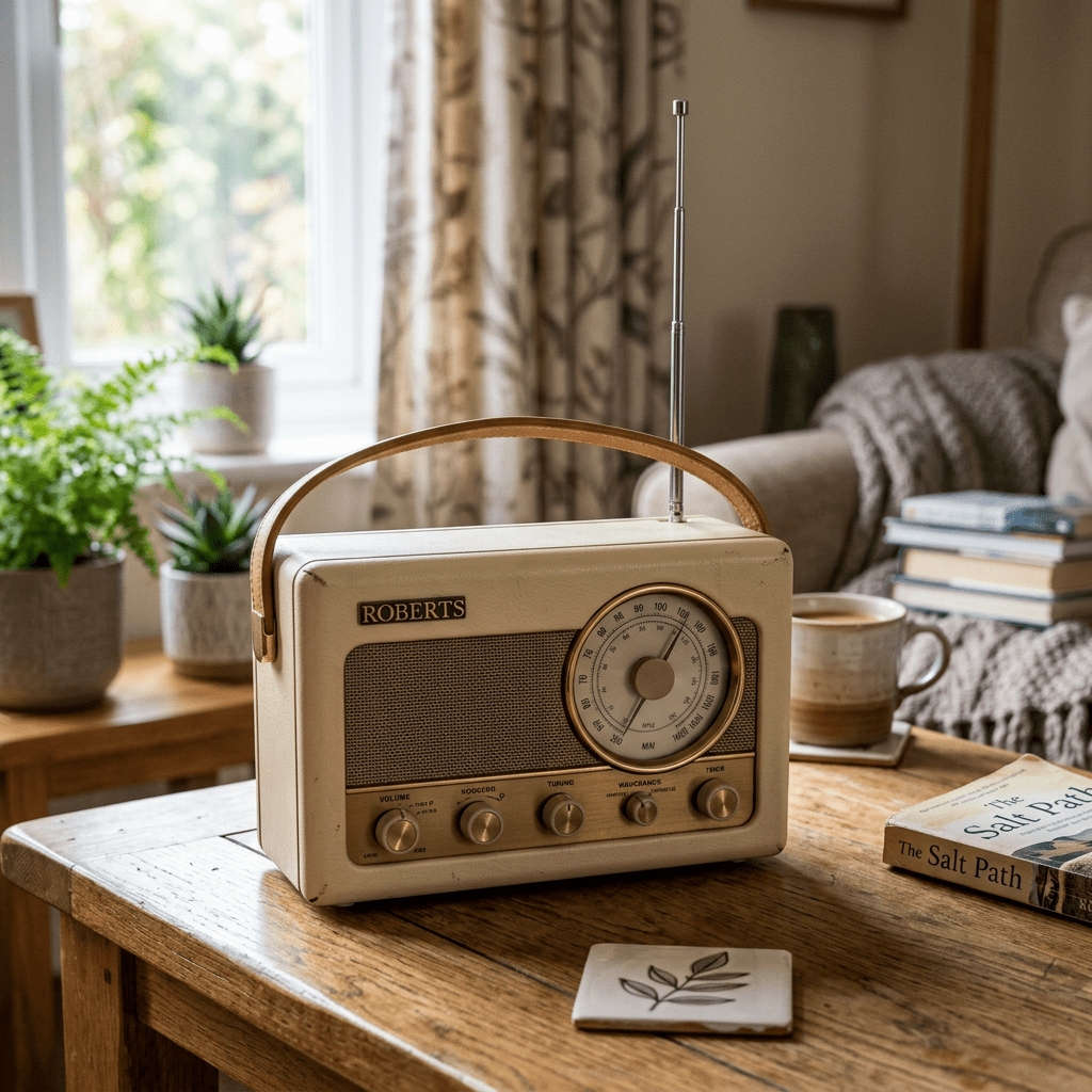 Vintage Roberts radio with dials and antenna on wooden table in cozy living room