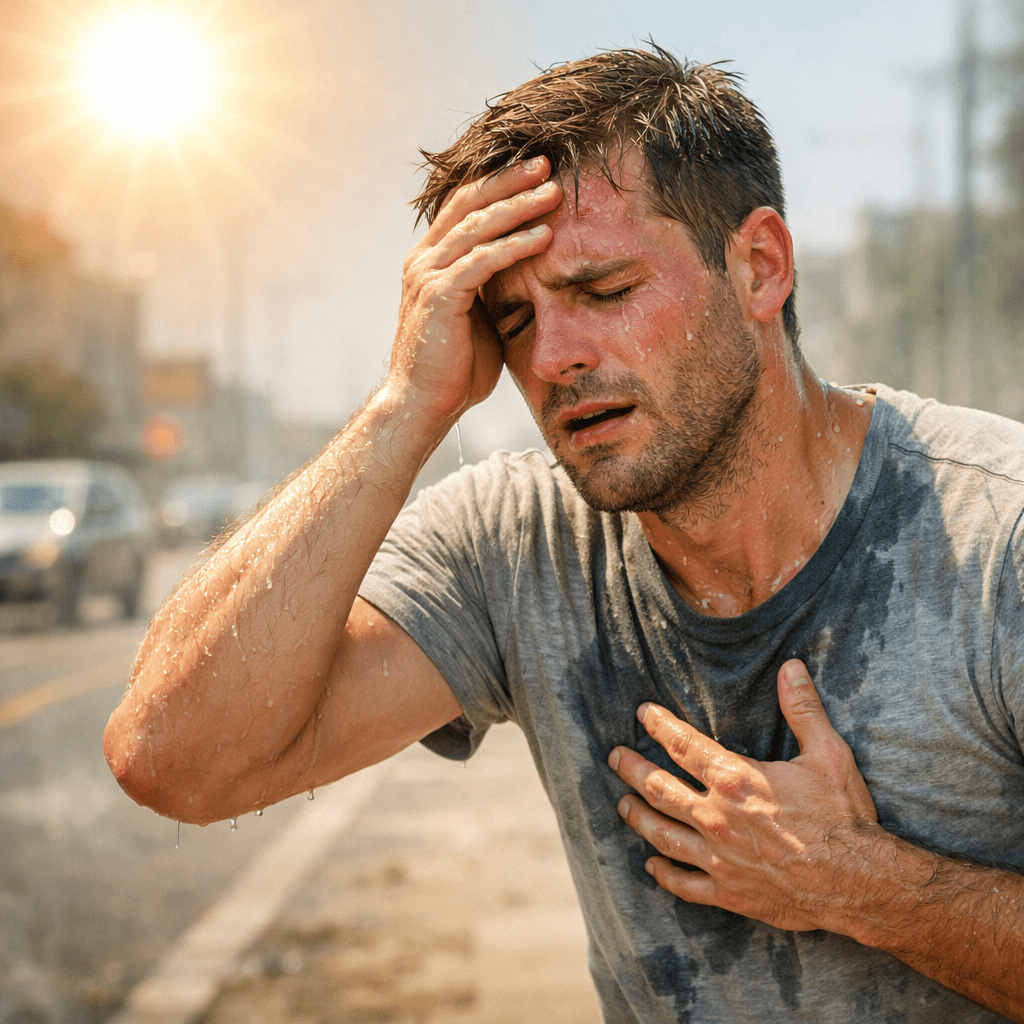 Man sweating heavily, holding his forehead and chest outdoors in sunlight