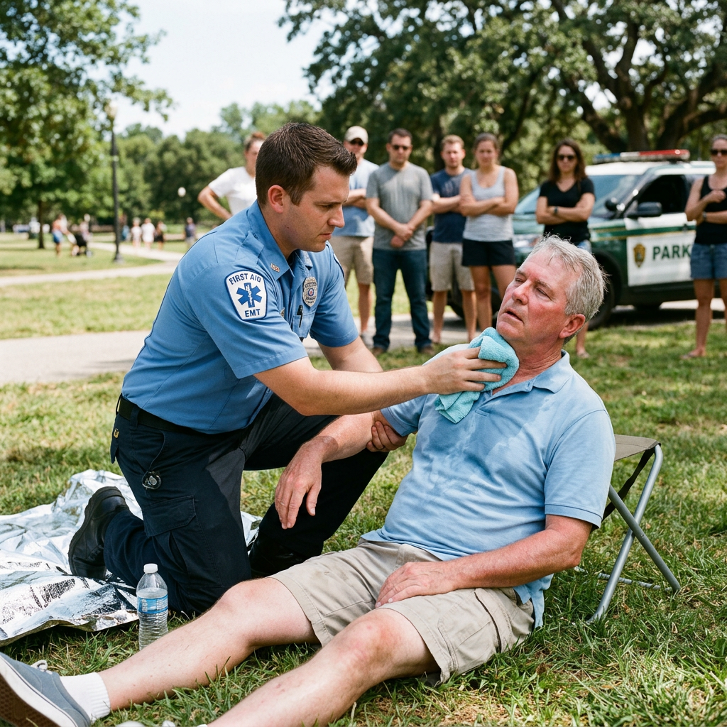Emergency medical technician cooling a man with a wet cloth in a park.